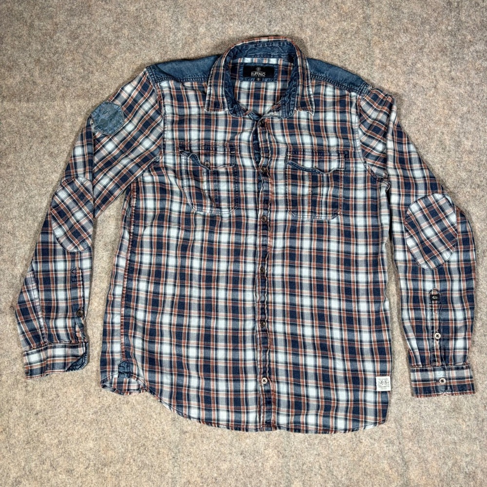 Buffalo David Bitton Sassire Button Down Mens M Blue Orange Plaid Distressed